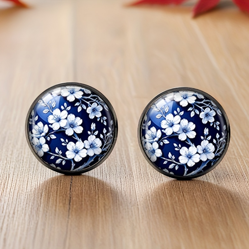 1 Pair Blue White Cherry Black Stud Earring Round Glass Cabochon Earrings Handmade Jewelry