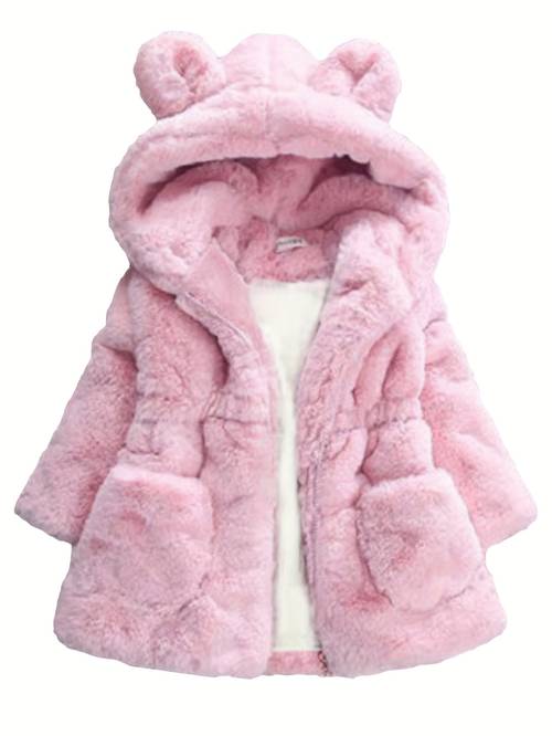 casual hooded parka spandex blend girls casual hooded fleece parka with ears midi length long sleeve solid color non stretch fabric zipper closure regular fit winter jacket for kids