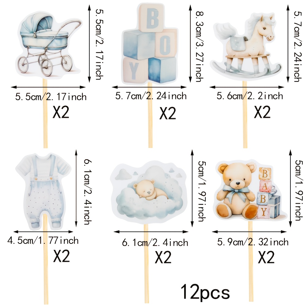 Image of 12pcs Boy Cupcake Toppers For Gender Reveal Shower Decorations, Boy Bear " A Boy" Cake Picks, Blue Birthday Party Cake Decorations
