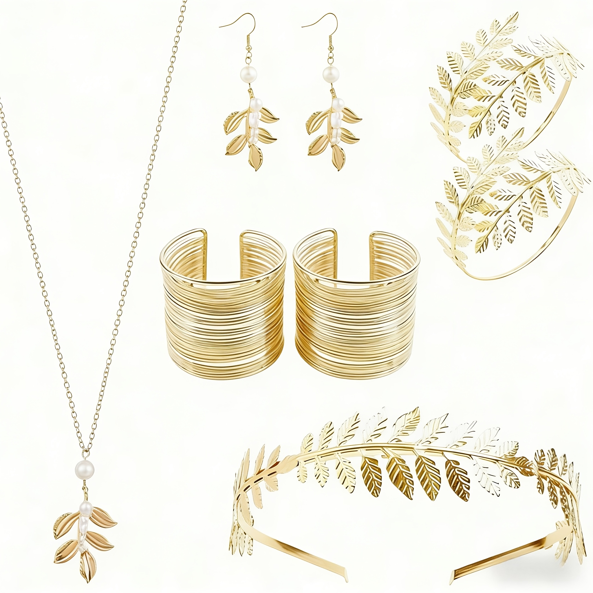 TEMU Ensemble de 8 accessoires style grec à : Serre-tête couronne de feuilles d' + Bracelet jonc ouvert à feuilles + Boucles d'oreilles pendantes et
