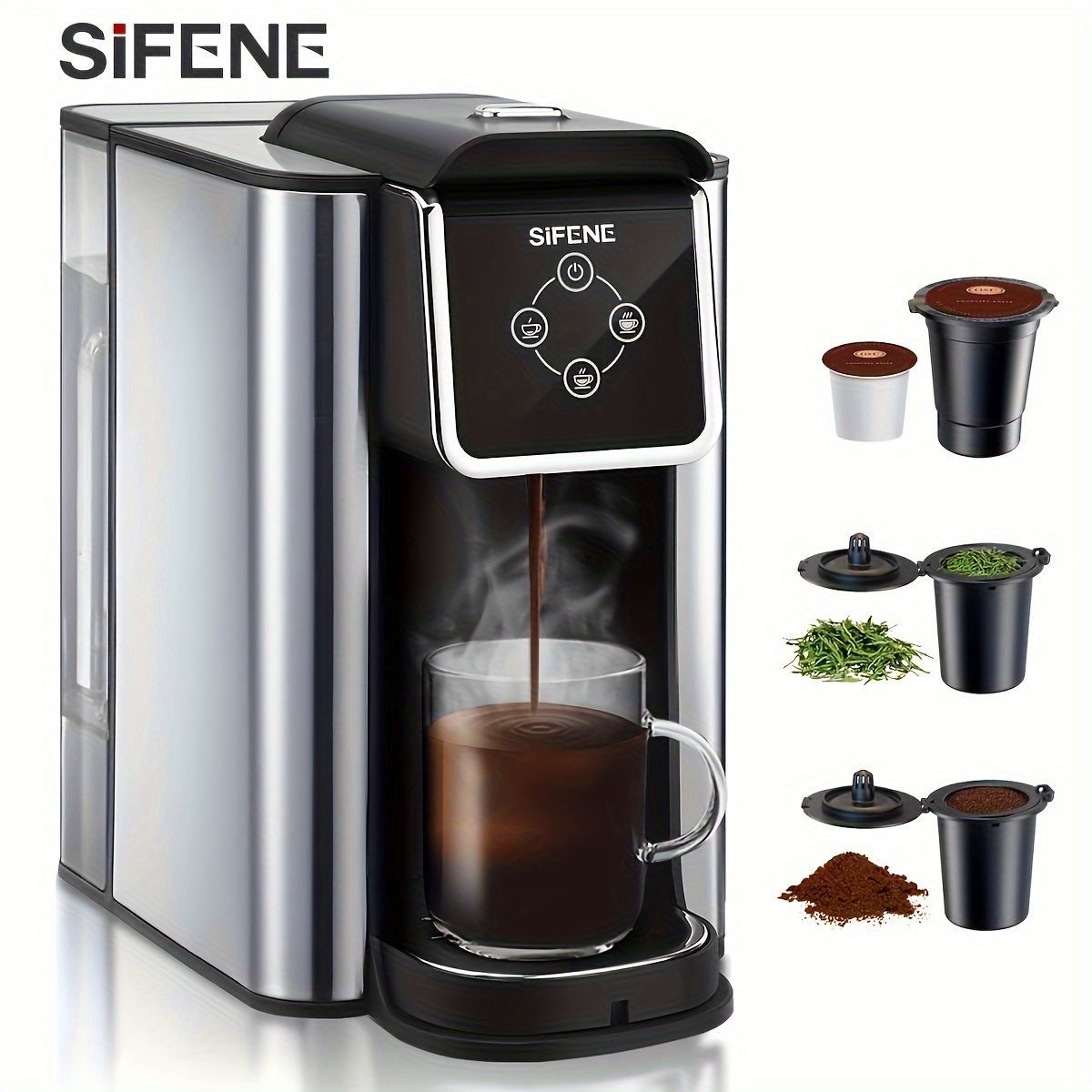 

Sifene 3-in-1 Single Serve Coffee Maker For K-pods, Ground Coffee, And Loose Leaf Tea, Custom Temperature And Strength Control, With Large 50 Oz Reservoir