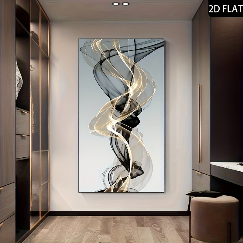 2D Flat, 2D Flat, 1 Nordic Modern Luxury Abstract Ribbon Oil Painting | Abstract Floating Black And Golden Line Canvas Wall Art, Frameless, Suitable For Living Room, Bedroom, And Modern Home Decoration