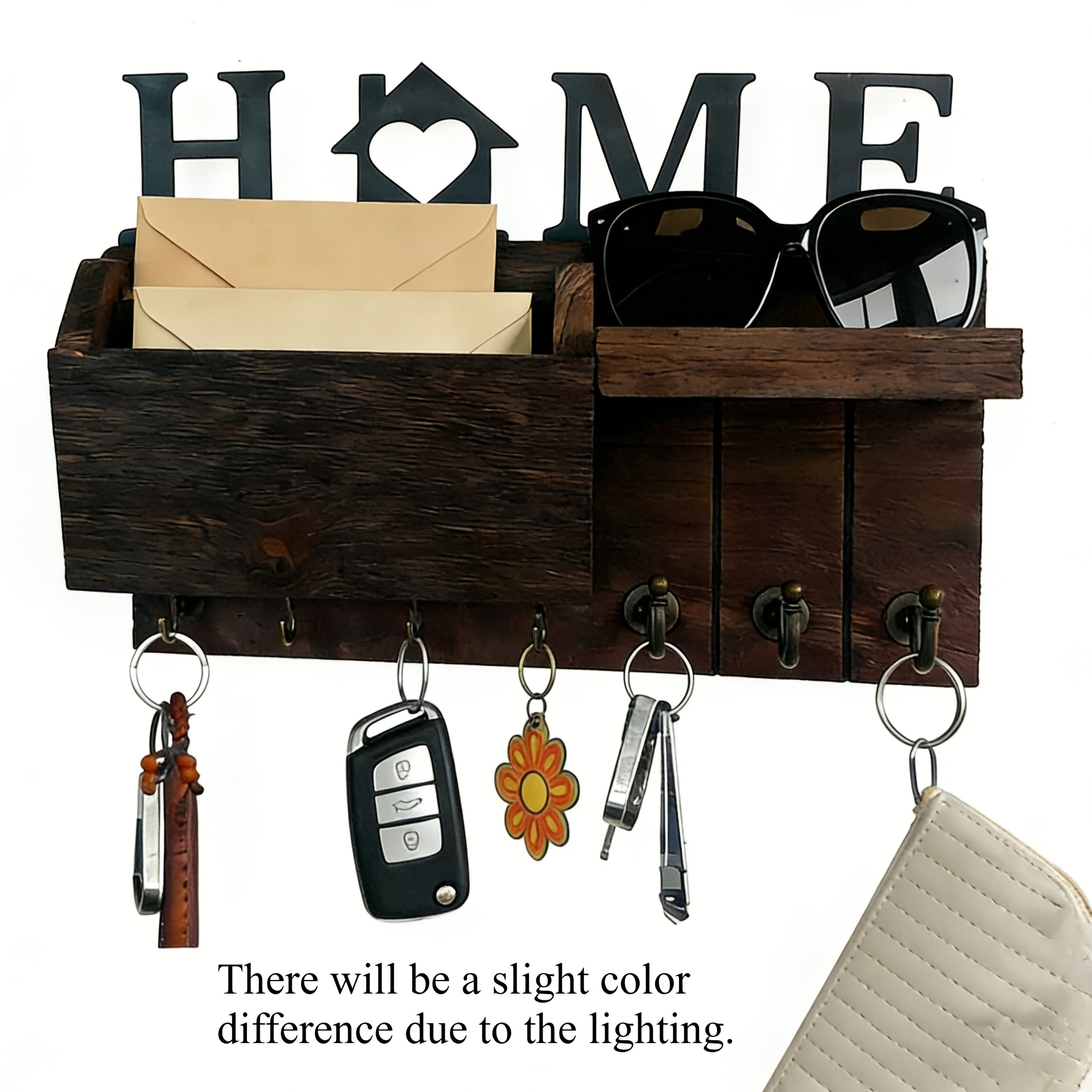 Image of 1pc Rustic Wood Wall-mounted Storage Box With 7 Hooks - Entryway Organizer For Hallway, Bedroom, Office - Space- Shelf-free Cabinet-like Design With Hooks For Keys, Umbrellas, Headphones ()