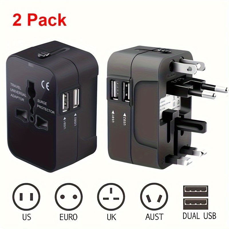 

2 Pack Universal Travel Adapter - All-in-one Quick-charge Wall Charger With Dual Usb Ports - Globetrotters Essential For Usa, Eu, Uk, Aus