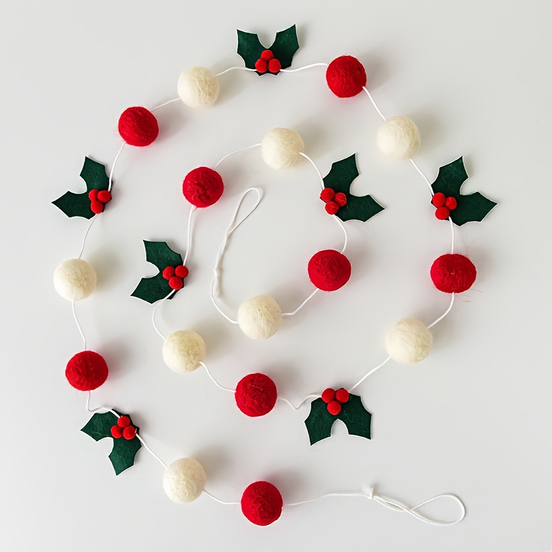 Image of Felt Christmas Garland With Red & Poms, White Snow Accents - Soft Felt Hanging Decor For Tree, Mantel, Stairs - No Electricity Needed Holiday Decoration