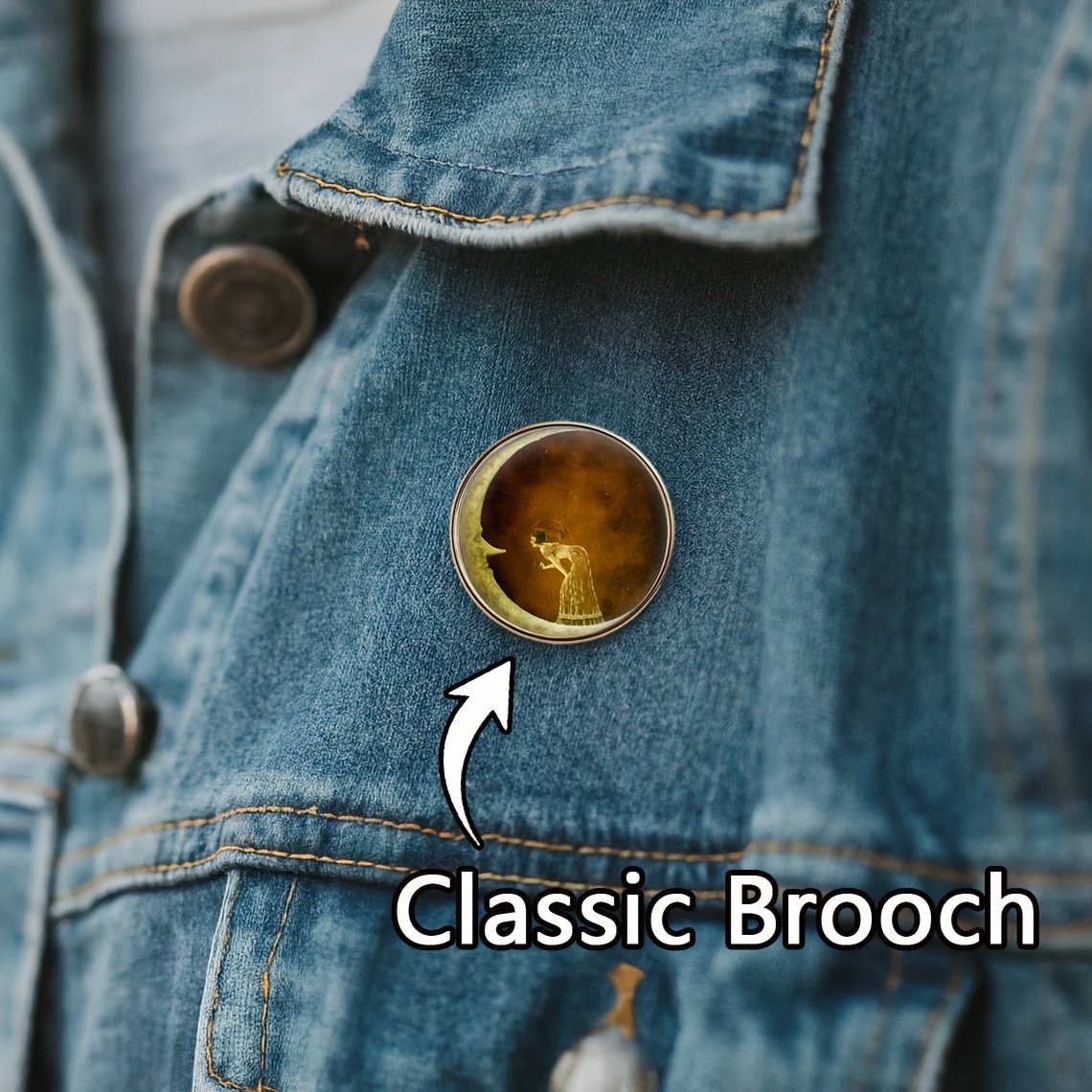 Image of 1pc Packaging ( Color Matching Backpack Sweater Accessory Brooch Pin), Crescent Face Woman Holding Umbrella Yellow Tone , Decoration, Classic Badge, Used As Patch For Clothes And Hats