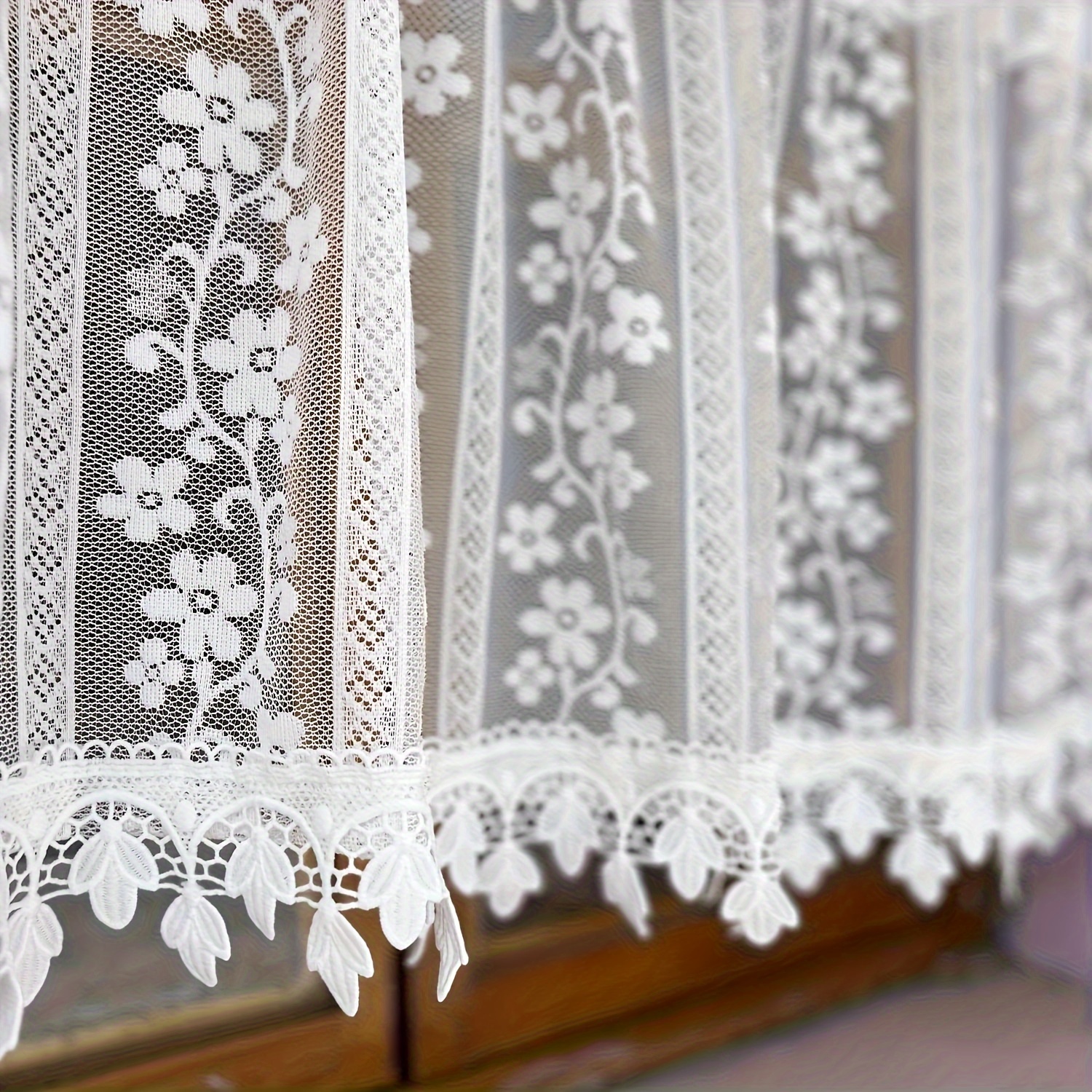 Cortina Corta De Encaje Blanco Para Cocina O Baño | Estilo Rústico Vintage Con Borlas | Semitransparente, 132 X 45 Cm