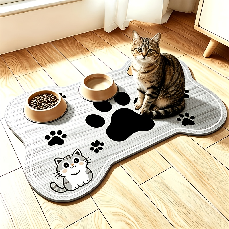 TEMU Kitten Puppy Dual Cartoon Print Pet Feeding Mat - Bone Shaped Wood Grain Non-slip Moisture-resistant Easy-clean, Clean, Suitable For Cats And