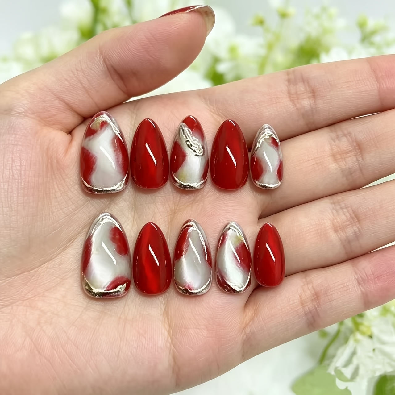TEMU 10pcs Faux Ongles Press-On Main pour Mains et Pieds - Autocollants pour Ongles Effet Œil de Chat Rouge et Blanc, Longueur Courte, Ongles