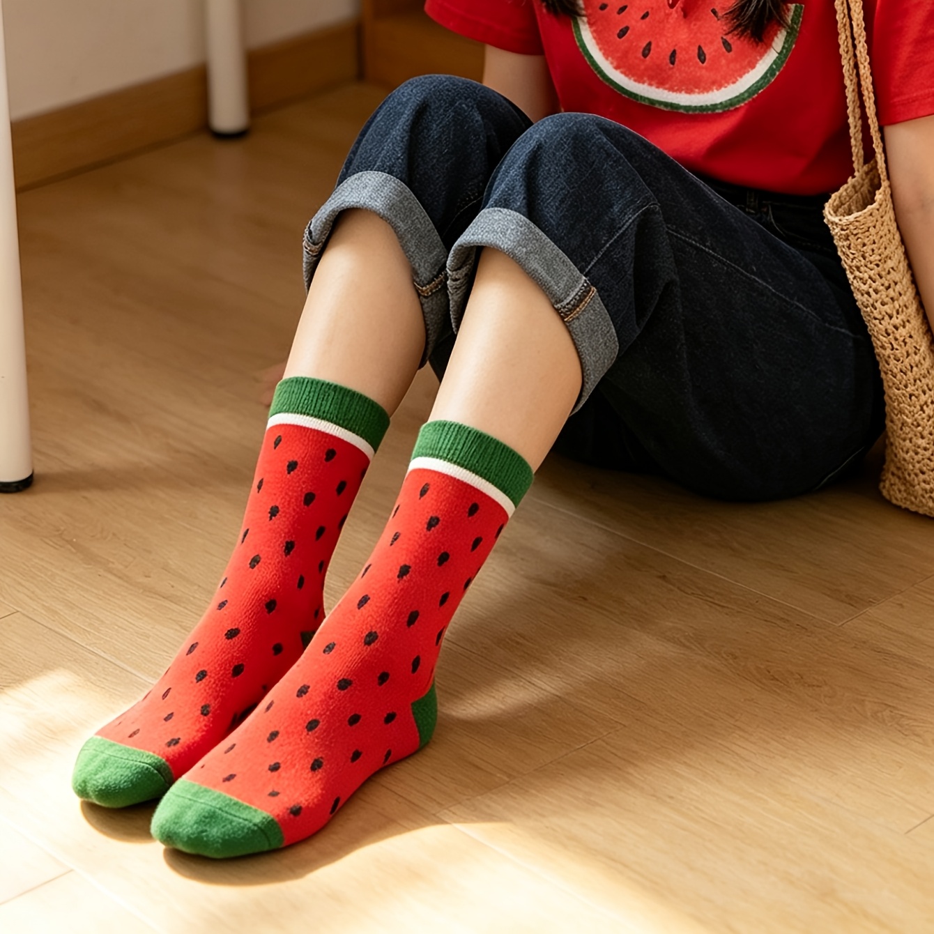 TEMU 1 Paire de Chaussettes Unisexe Style Pastèque, Motif , Style d'Été Polyvalent, Idéal Cadeau, Confortables et Respirantes
