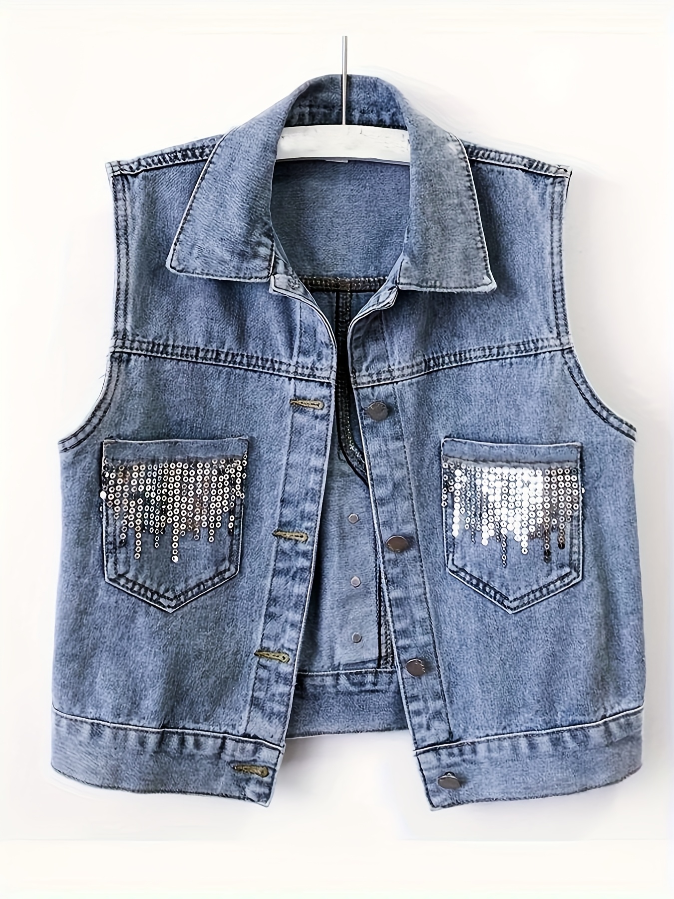 women's elegant sequin decorated denim vest jacket Temu Malaysia