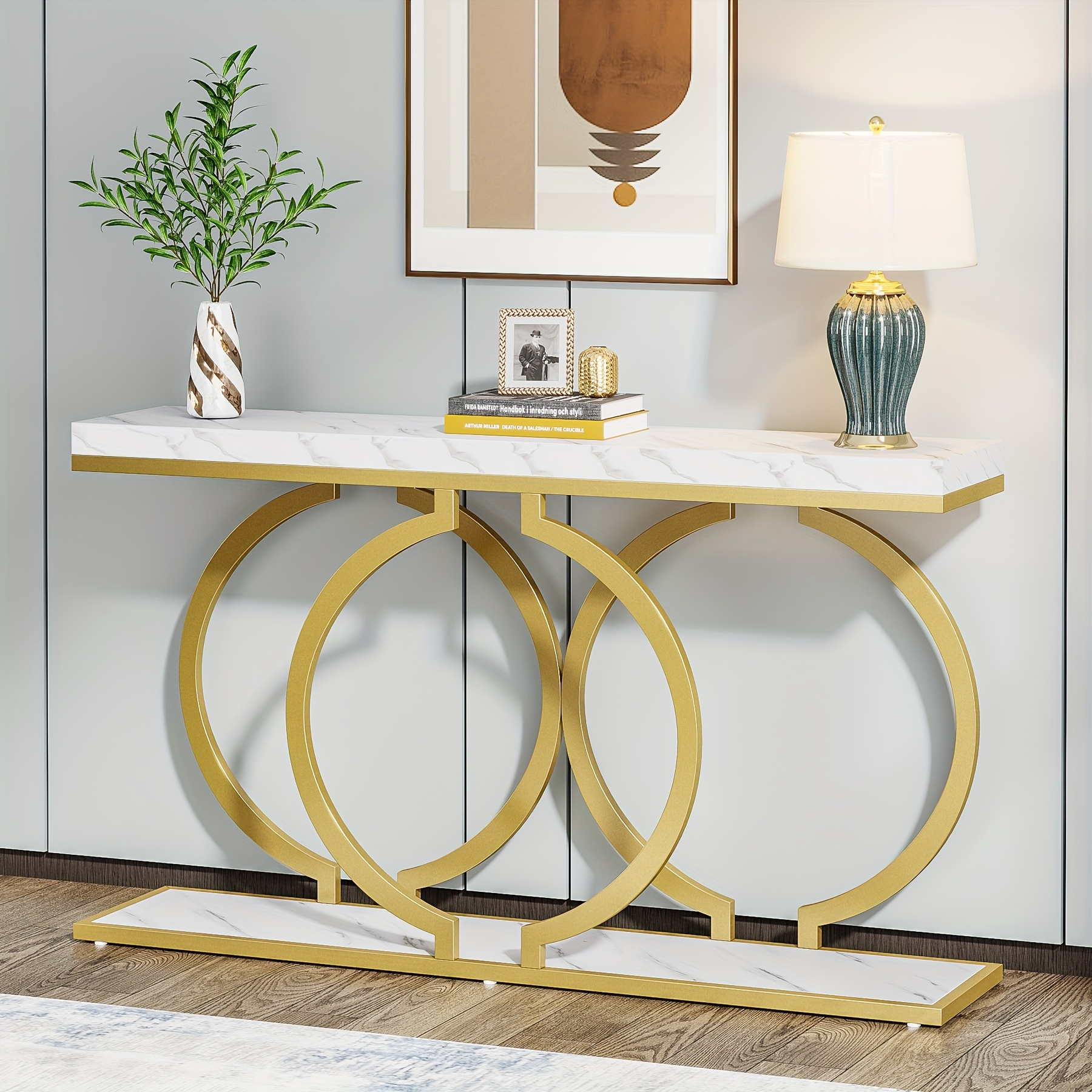 TEMU 55" Console Table - Extra Long Entryway Sofa Table With Heavy-duty, Marble-like Top, Golden Accent Table For Living Room, Hallway, Office - No ,