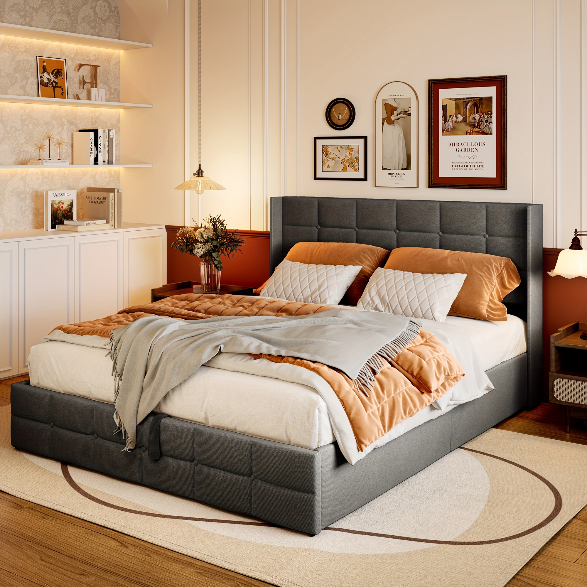 

Your Bedroom With Our Queen Storage Bed, Upholstered Platform Frame Featuring A Modern Wingback Headboard, Wooden Slats Support, And Hydraulic Storage, Spring Required, Dark Grey