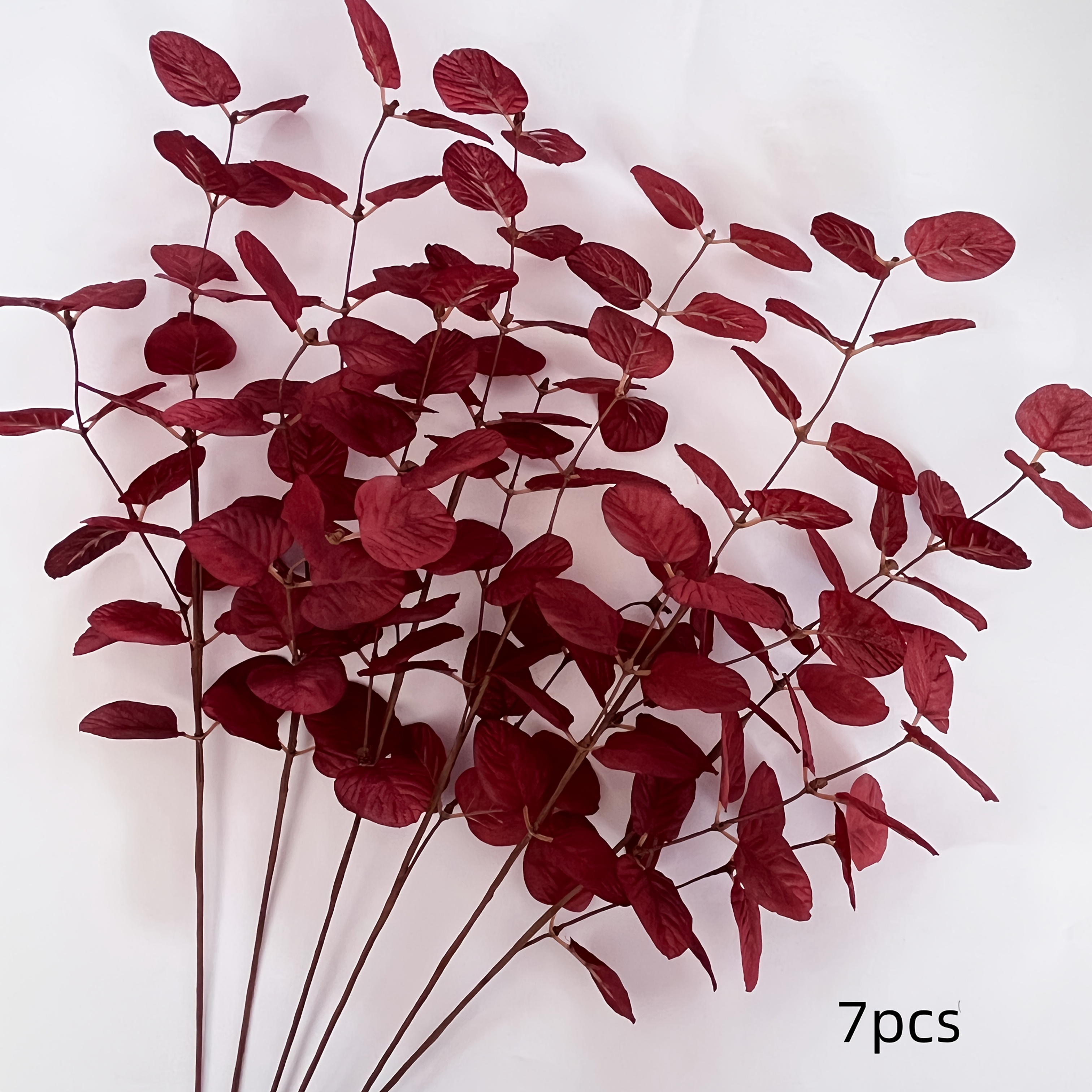 TEMU 7pcs Autumn Burgundy Faux Eucalyptus Leaves, Thanksgiving Home Decor, Party Decoration, Hand-twisted Flower Stems, , Vintage Indoor , Tabletop