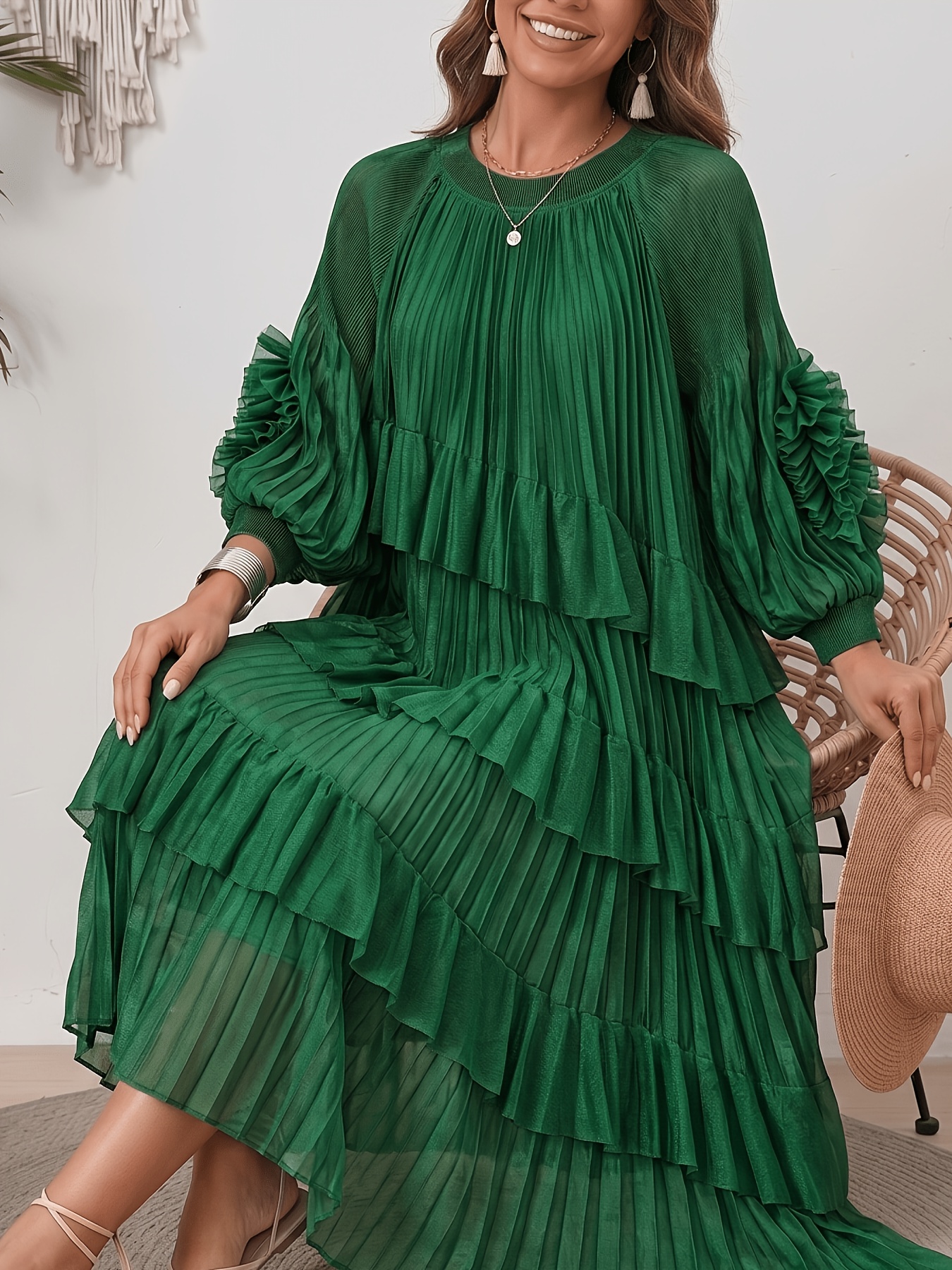 womens elegant solid color lantern sleeve maxi dress pleated - Temu