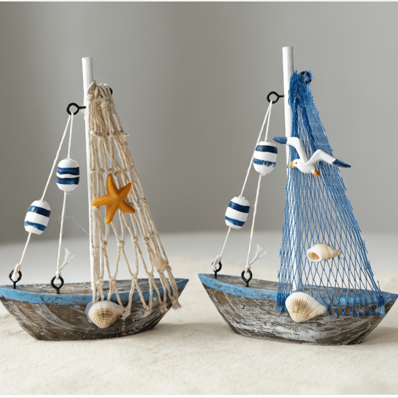 TEMU 2pcs Resin Mediterranean Sailboat Model, Bathroom Accessory, With Starfish, Seashells, And , Bead Embellishments, Ocean-themed Desktop Decor,