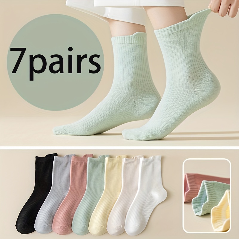 

7 Pairs Color Mid-calf Socks - Xk - Spring/autumn With Ear Tabs, Moisture-wicking Breathable Solid Color Knit Socks By Nektom