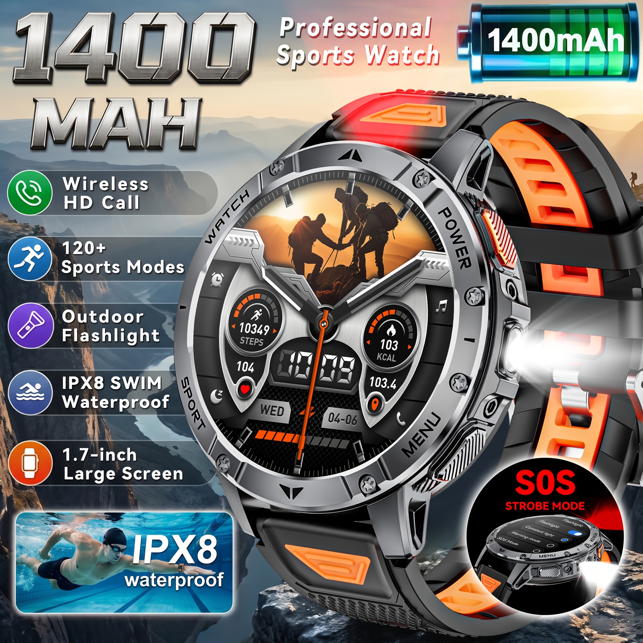 Image of Smart Watch For Men, 1400mah Large Battery Magnetic Charging, 1.7" Hd Ips Touch Screen Smartwatch With Led Flashlight (white/red & Sos), Bluetooth Call, 100 Fitness , Outdoor For Ios