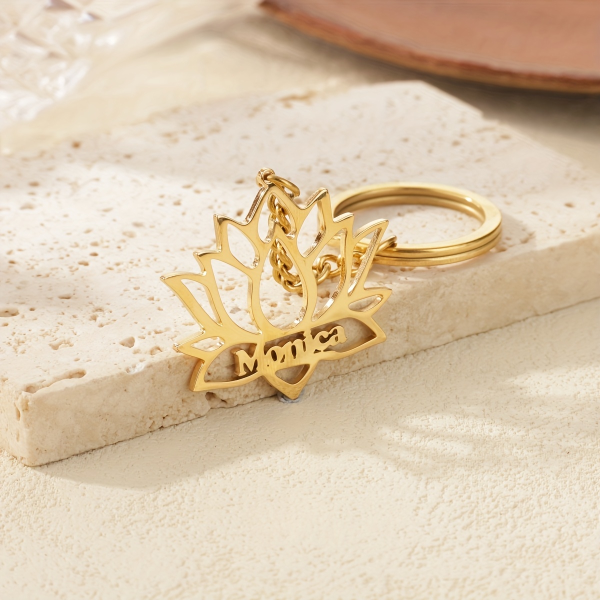 Custom Name Key Chain with Lotus Flower Design