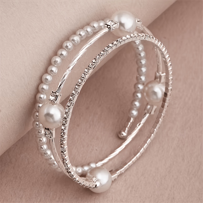 TEMU Pulsera de de 1 pieza, elegante, dorada y blanca con pedrería, temática festiva simple, muñequera envolvente multicapa, joyería de moda apilable