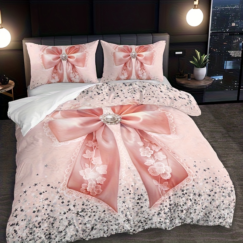 3pcs pink bow lace glitter duvet cover set duvet cover