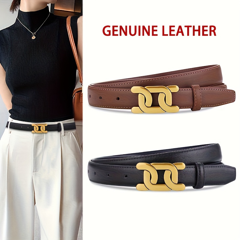 

Golden Buckle Thin Genuine Leather Belt Monochrome Waistband Leisure School Style Jeans Pants Belt For Women