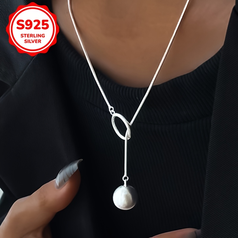 

Elegant Simple 925 Sterling Silver Y-necklace With Polished Sphere Pendant, Lightweight, , For Daily And Vacation Wear