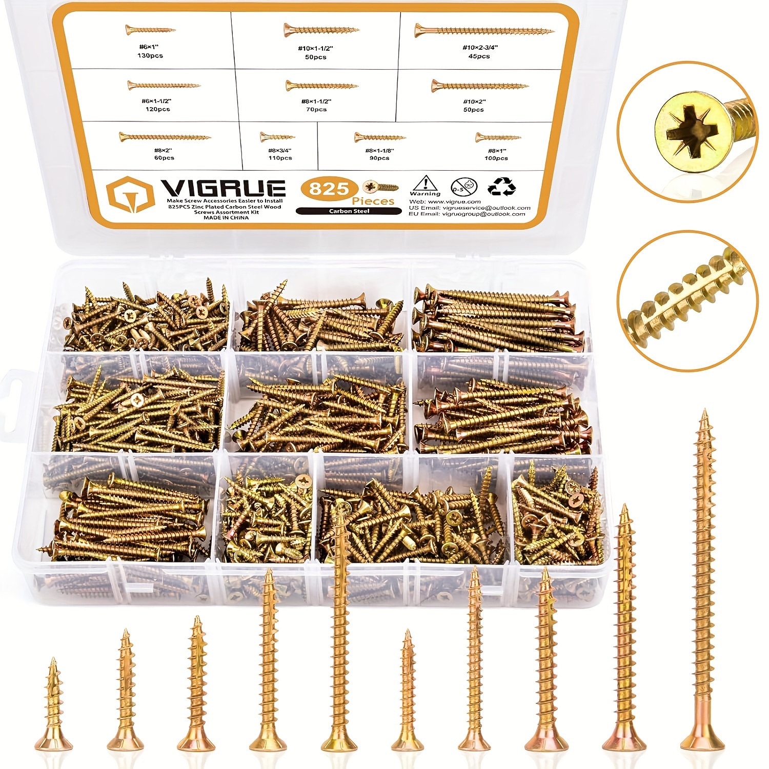 

Vigrue Screws Assortment Kit, 825pcs #6#8#10 Wood Screws In 10 Sizes, Zinc Plated Carbon Steel Screws For Wood Screw Assortment Kit, Self Tapping Screw Assortment