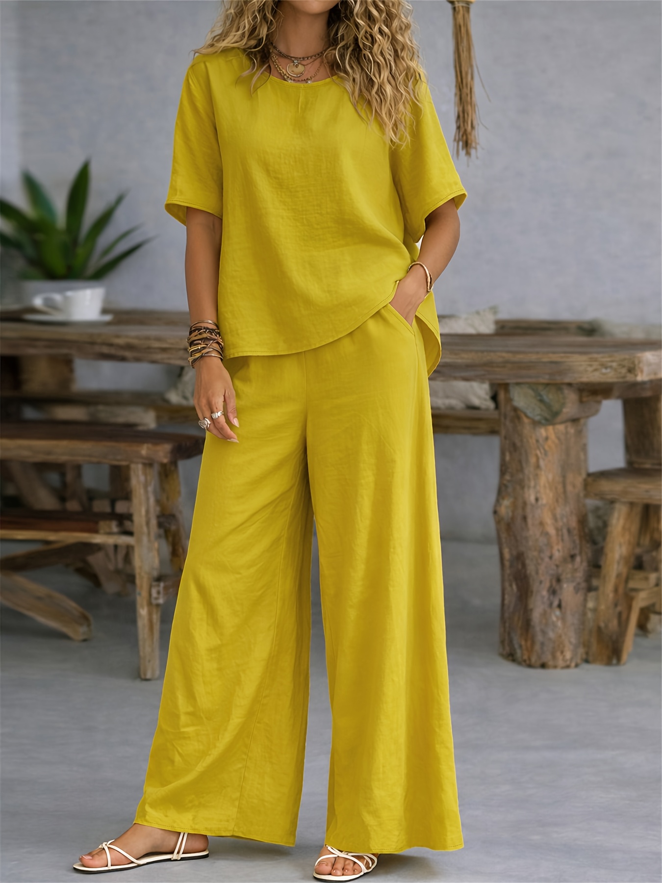 womens casual 2pcs set solid color loose short sleeve crew neck shirt top wide leg long pants