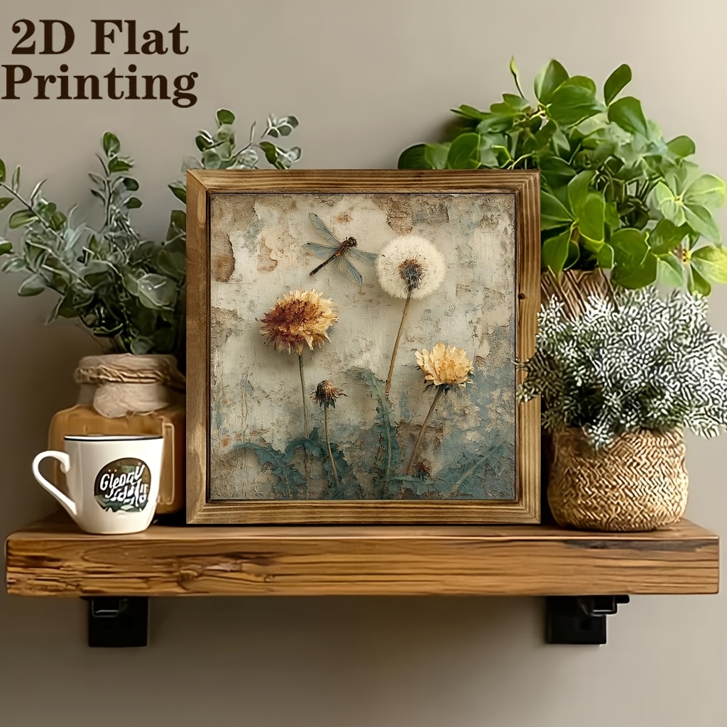 TEMU 2d Flat, 2d Flat, A 2d Artwork Featuring A Dandelion And Dragonfly In A Rustic Farmhouse Style, Framed In Vintage Wood For Wall Decoration -