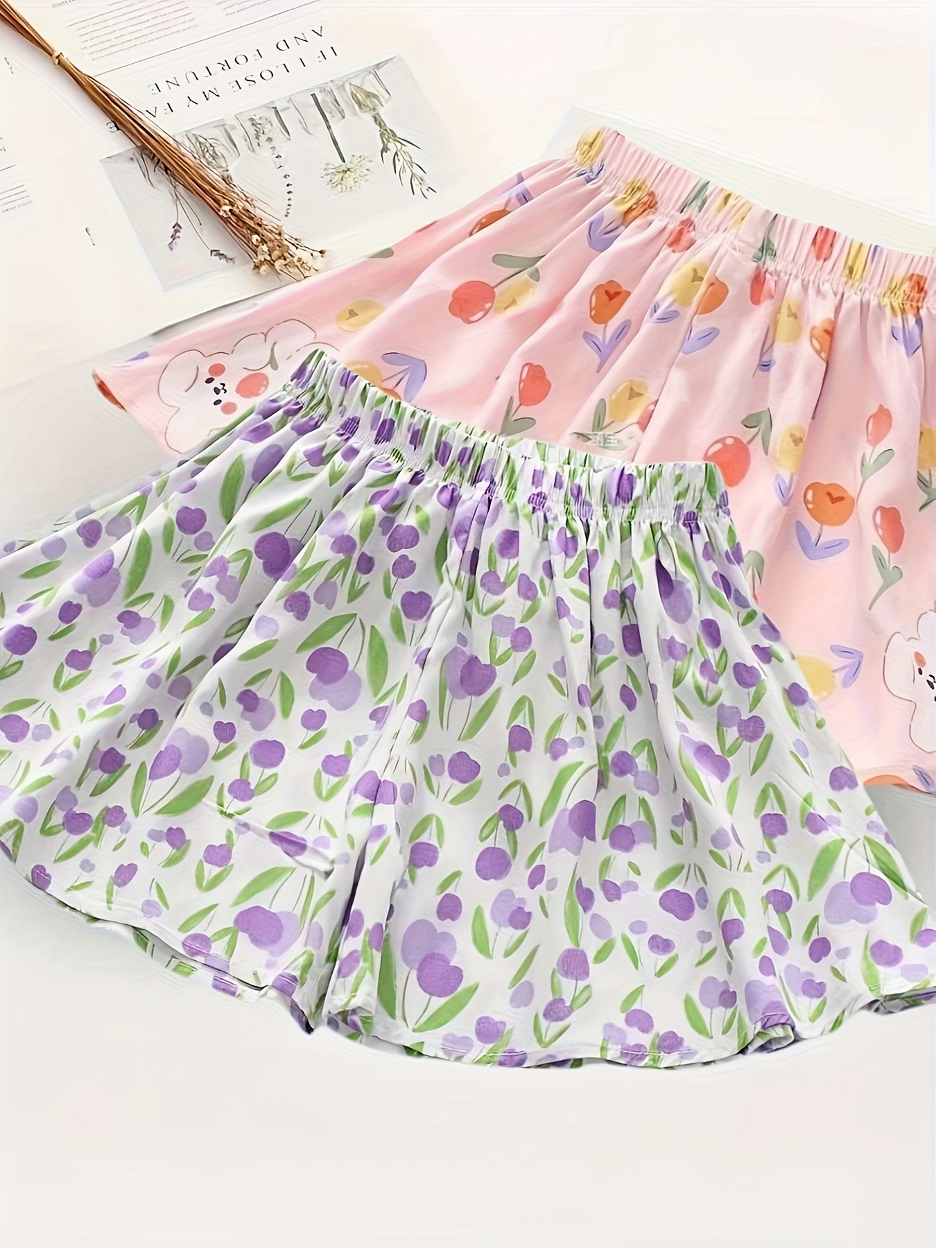 2pcs Girls' Summer Skort Set Bohemian Floral Print Viscose Skorts with  Elastic Waistband, Lightweight Breathable for Outdoor Play, Casual Summer  O