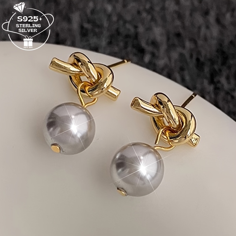 

(total Weight Approximately 2.6g) 1 Pair Of 925 Silver, Knotted Pearl Women's Retro Earrings Earrings. With Elegant , A Luxurious And Perfect Gift For Holidays And Birthdays.