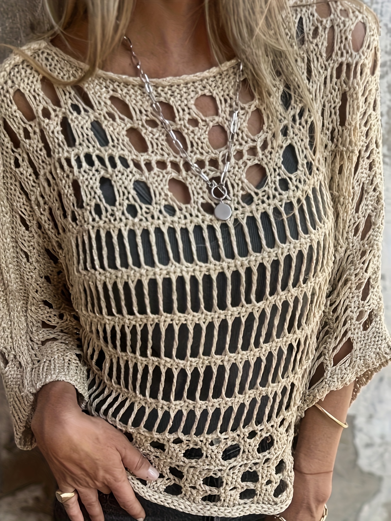 Top de crochet para mujer diseño de abierto, color beige, ideal  para vacaciones y estilo casual, ropa de vacaciones - Main Image