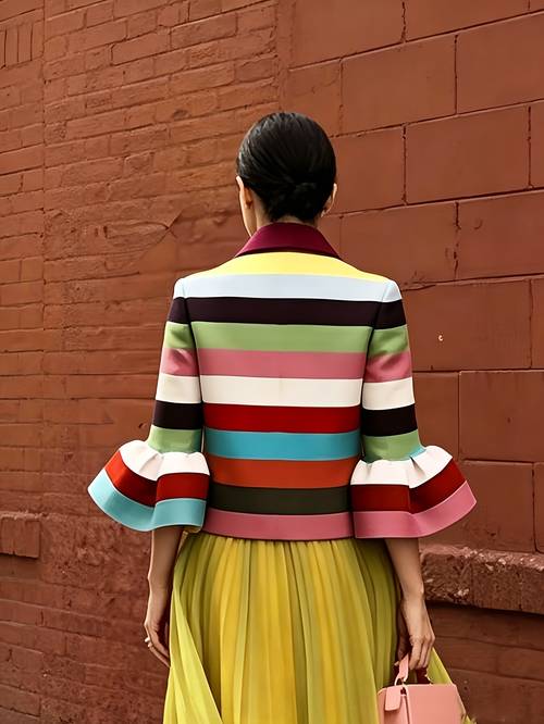 womens fashion flared sleeve multi color striped lapel jacket coat