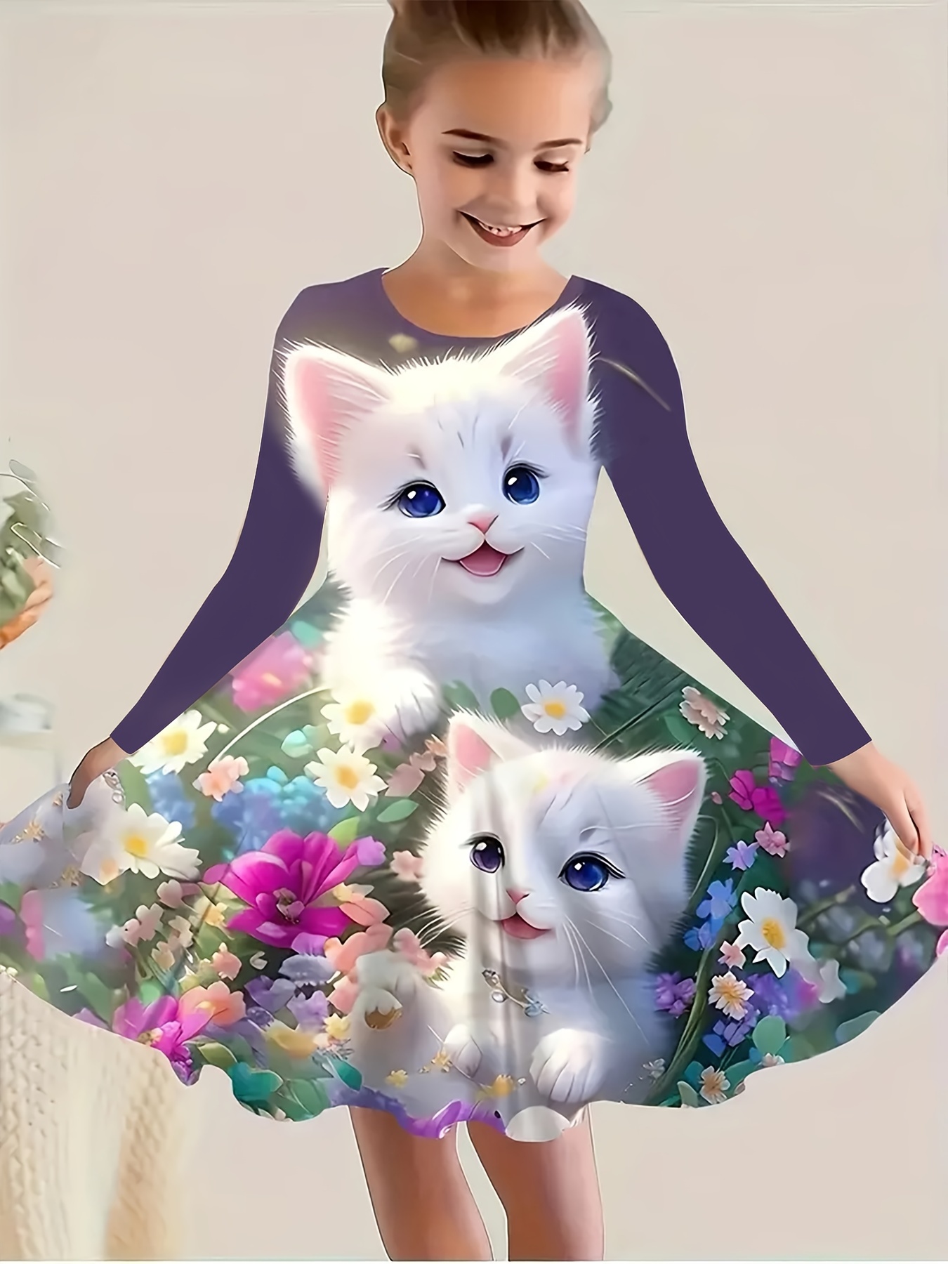 girls cute kitty print long sleeve dress Temu New Zealand