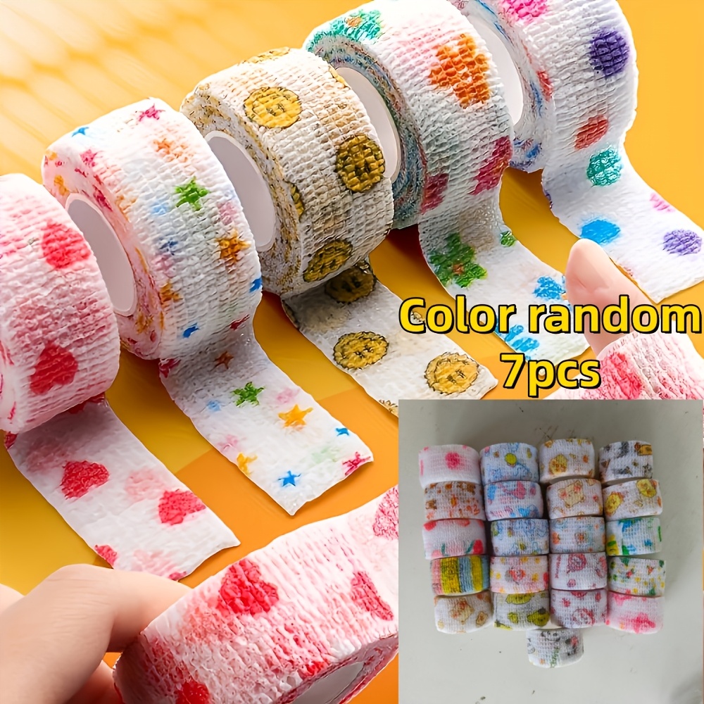Image of 7 Rolls Thickened Self-adhesive - Non-woven Athletic Tape, With Color-coded , Colors Pink, Blue, Yellow, Green, White, Brown And Beige, Random 30+ Patterns With Heart, Face, Star