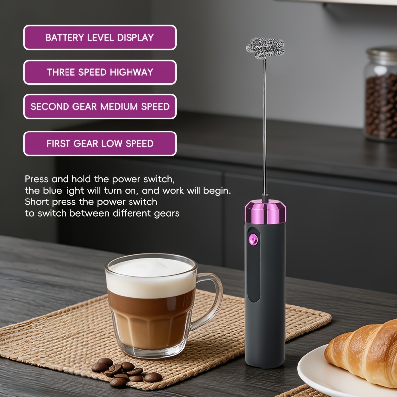TEMU 1 pièce Fouet à lait portable rechargeable par USB, moteur à 3 vitesses réglables, crée une micro-mousse pour , les œufs et les boissons