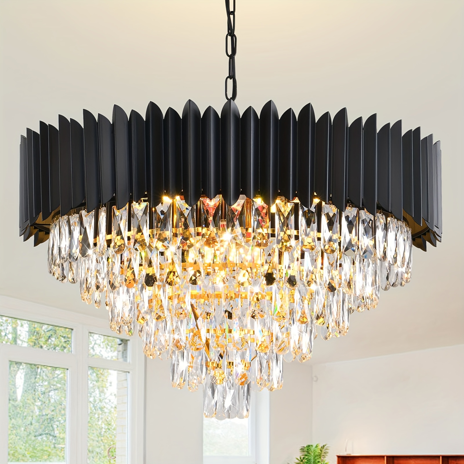 Modern Crystal Chandeliers For Dining Room 6 Tiers Living Room Round 15-light Contemporary K9 Raindrop Ceiling Hanging Pendant Light Fixture For Entryway W72cm, E14*15light