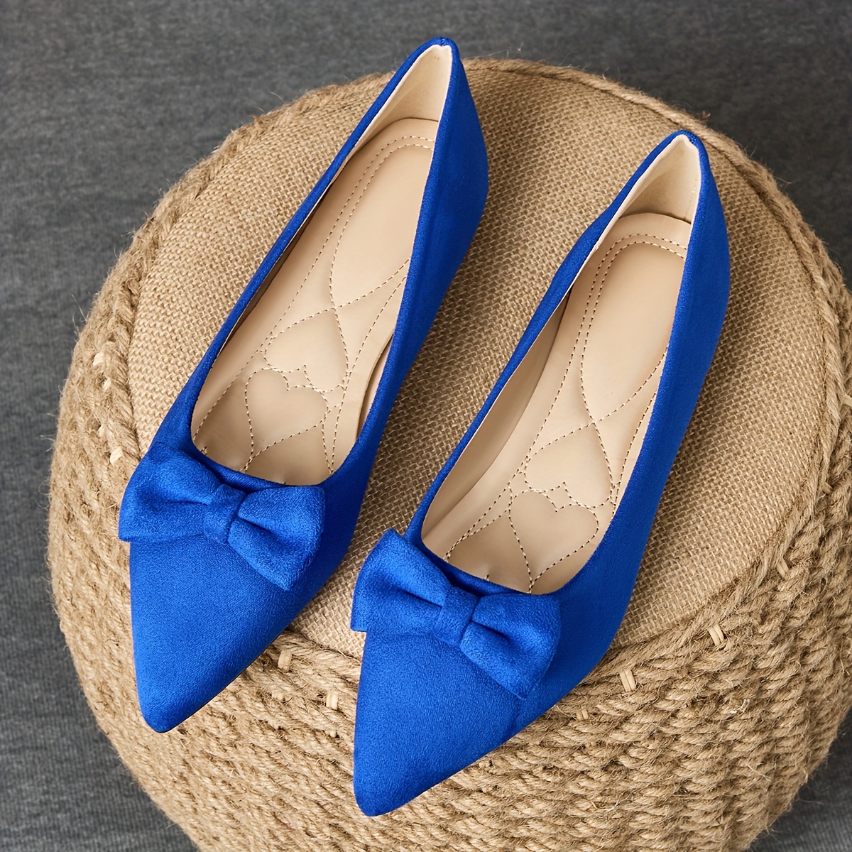 pair elegant blue velvet ballet flats bow accent soft Temu - Main Image