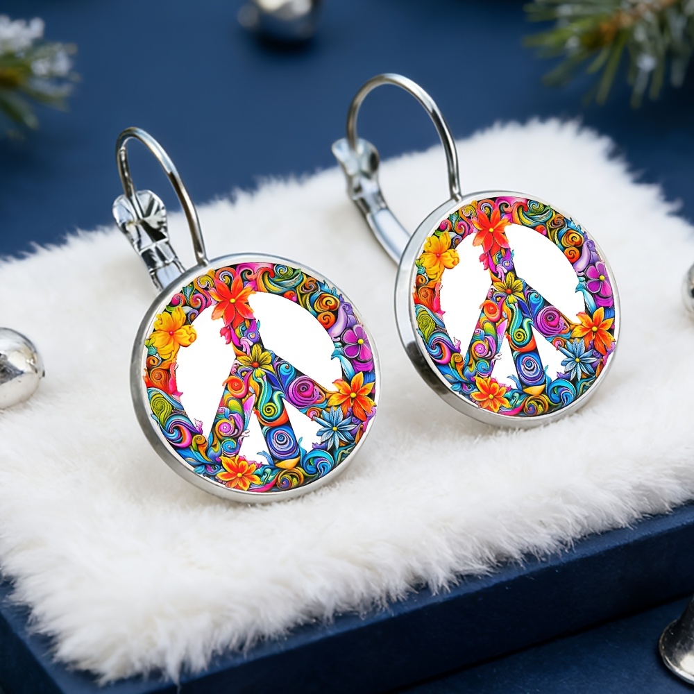 TEMU Floral Peace Symbol Earrings, Alloy Material With Glass Inlay, A Fashionable Gift For Women, Exquisite Earrings Suitable For Daily Wear