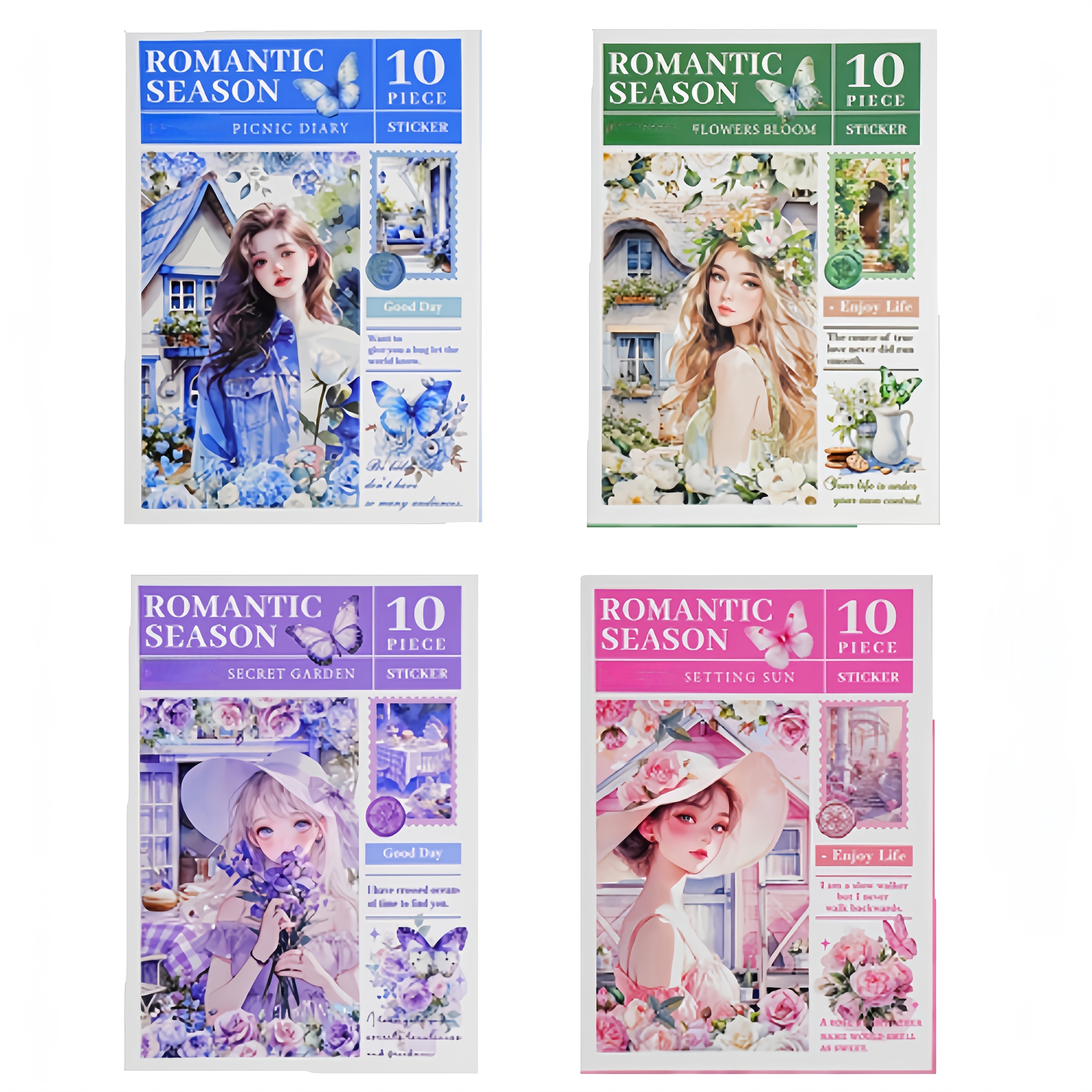 TEMU 4pcs Romantic Season Series Sticker Books - Die-cut Journaling Supplies With Floral & Fantasy Designs, 10 Sheets Per Pack, Self-adhesive
