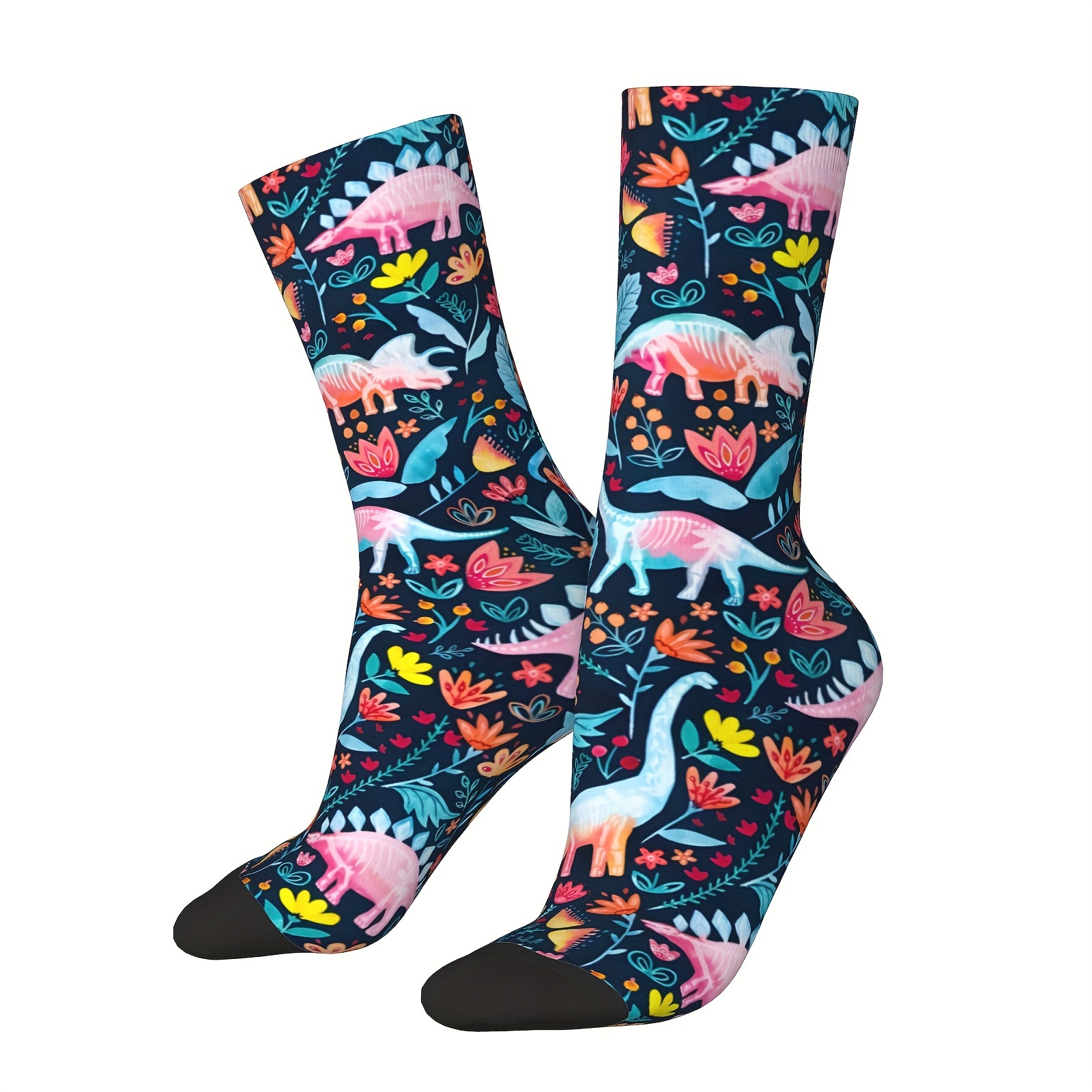 

1 Pair Of Unisex Vintage Style Novelty Dinosaur & Crew Socks, Trendy 3d Digital Printed Men Women Socks, Crazy Funny Socks For Gifts