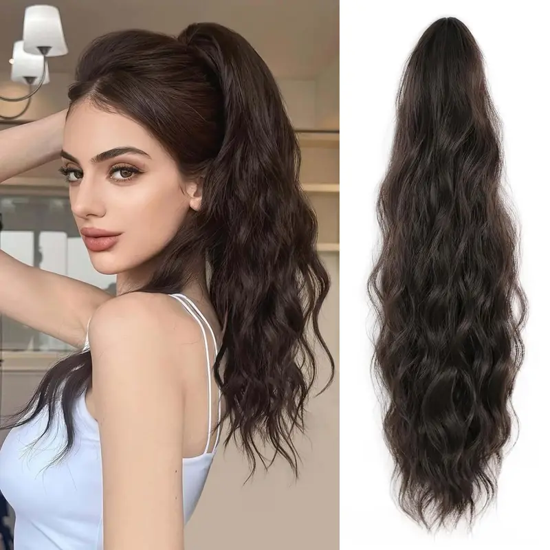 45.72cm curly ponytail extension for women - heat resistant synthetic clip-on hairpiece with claw clip, layered long hair for daily & party use, natural look for thick hair, ponytail hair extensions, versatile hairpiece, secure clip attachments details 2