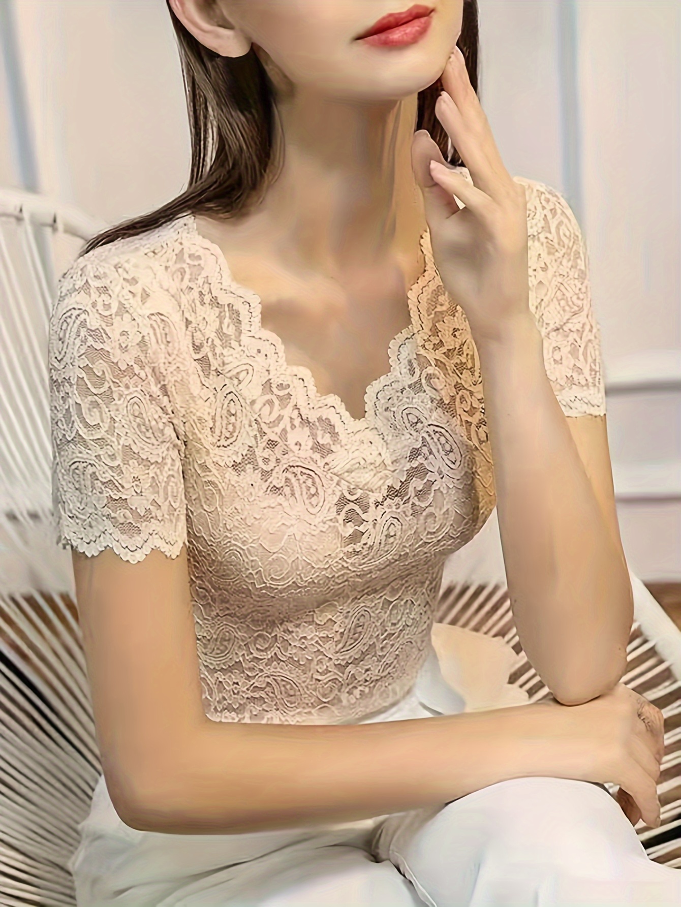 blusa encaje cuello ceñido mujer manga corta Temu Spain