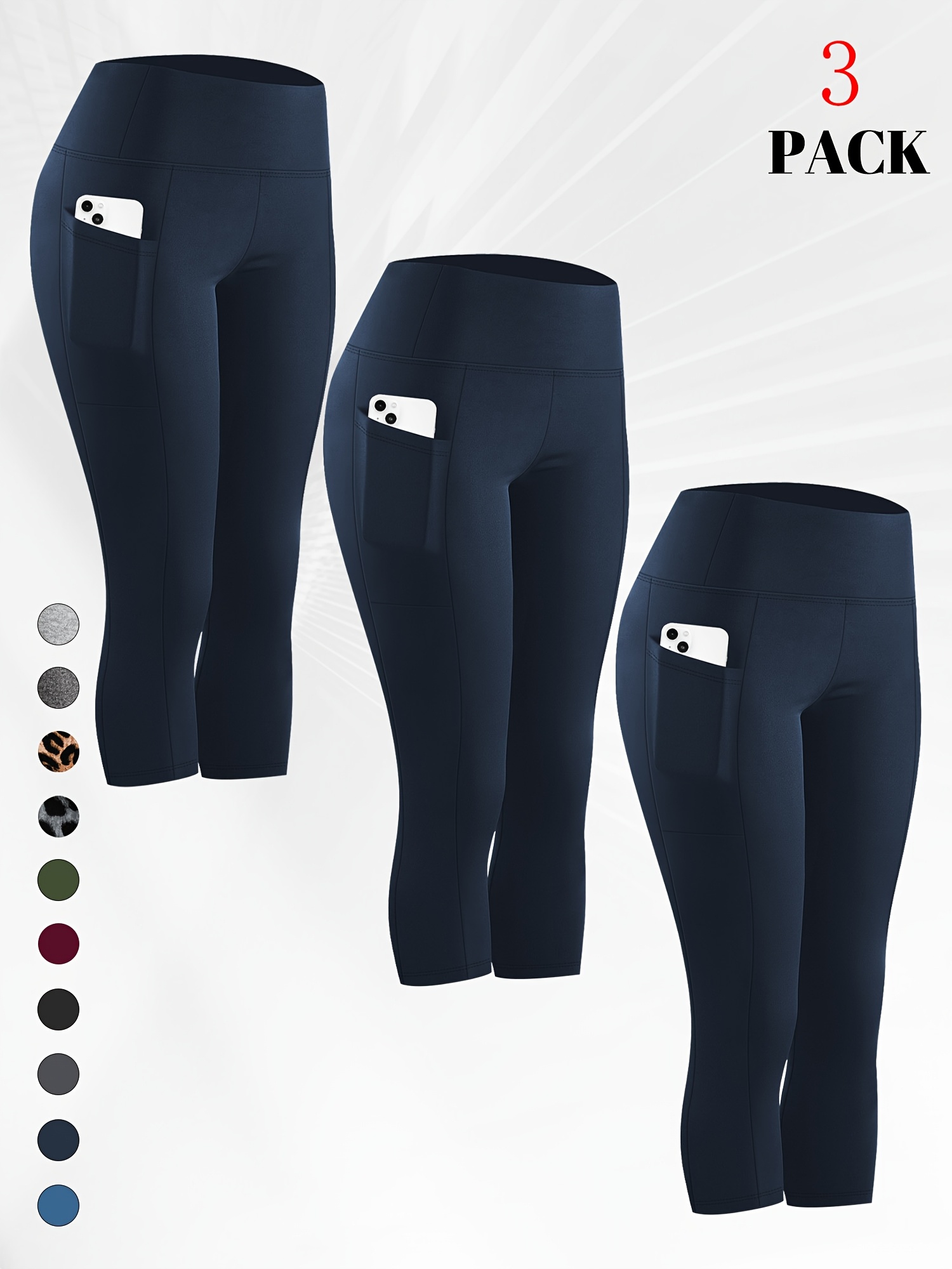 3 stk. pakke - plus size højtaljede capri leggings med lommer til damer – bløde, slanke yoga bukser til løb, cykling og træning – mavekontrolleggings – elegant og komfortabelt design, ny stil til sommeren