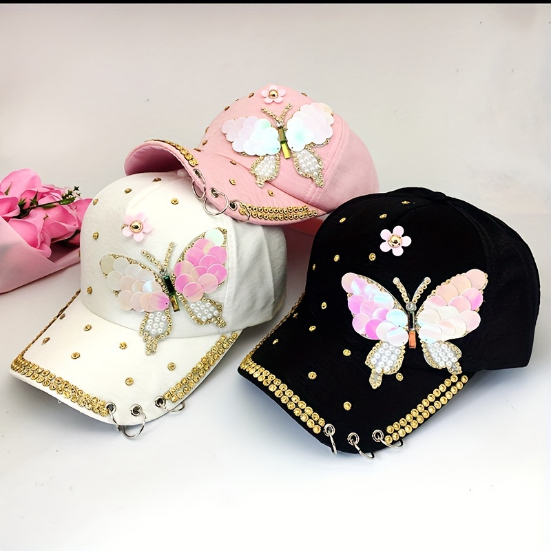 

Adjustable Baseball Cap With Sequin Imitation Pearl Butterfly, Exquisite Lightweight Sunshade Peaked Hats For Women, Outdoor Sports & Casual Wear - Pink/white/black