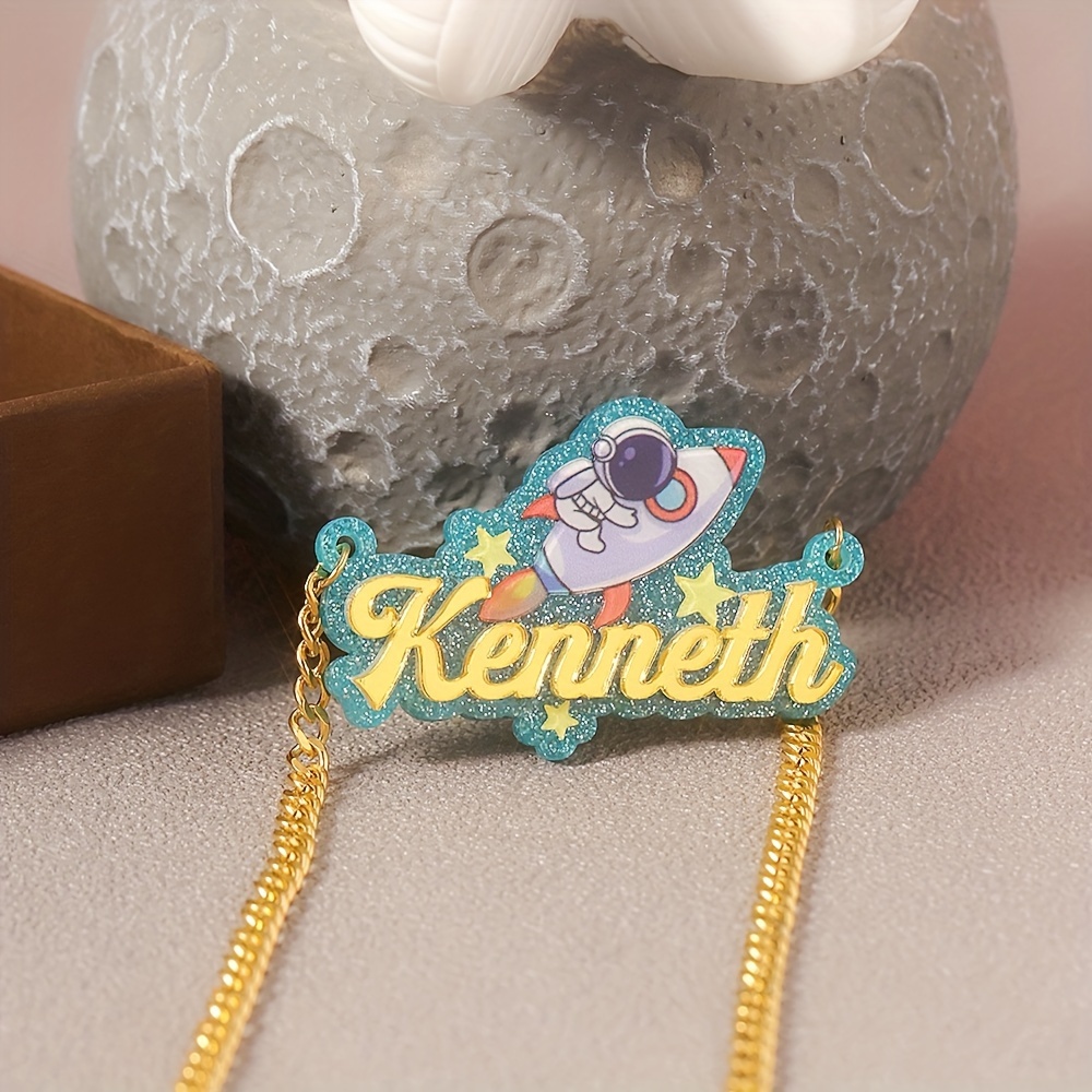 

Personalized Acrylic Kenneth Necklace With Astronaut Rocket Charm - Perfect Gift For Space Enthusiasts