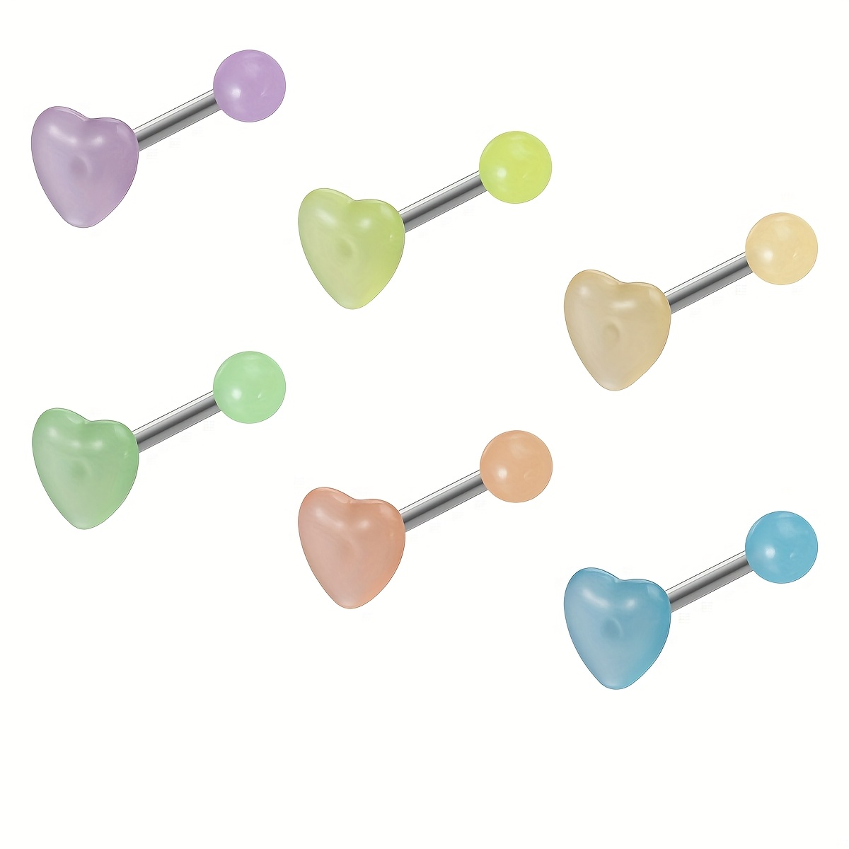 Image of 6pcs Glowing Acrylic Heart Tongue Piercing Barbell Rings - Stainless Steel 14 Gauge Punk Body Jewelry With/ Glow In Dark For Women, Daily & Party Wear, Body Decoration, Heart Shaped Lovers