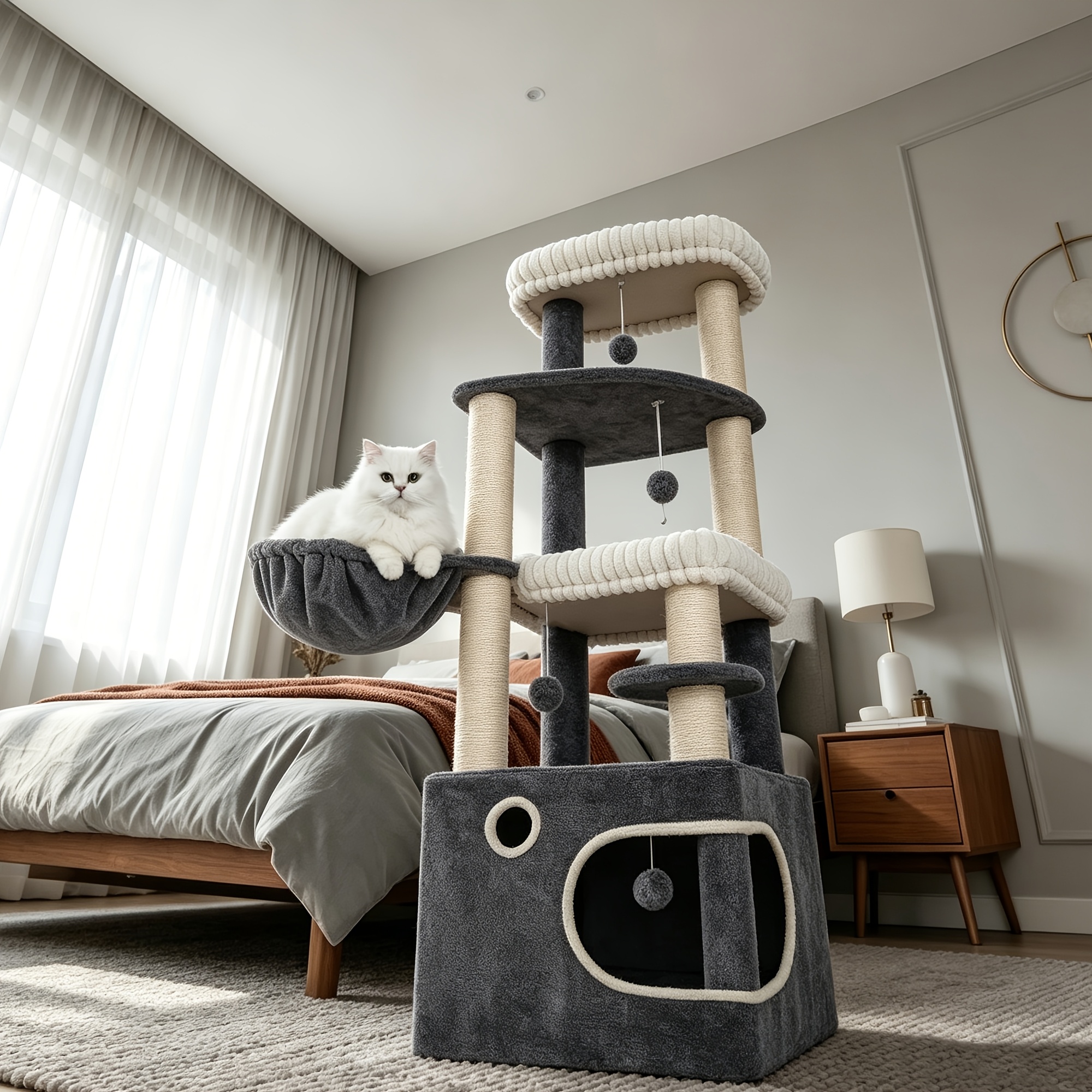 TEMU 152cm Multi-tier Cat Tree | Sisal Posts And 3 Extra-large Platforms And 3 Bell Hanging Balls, 6-tier Cat Tree, A Comfortable Paradise For