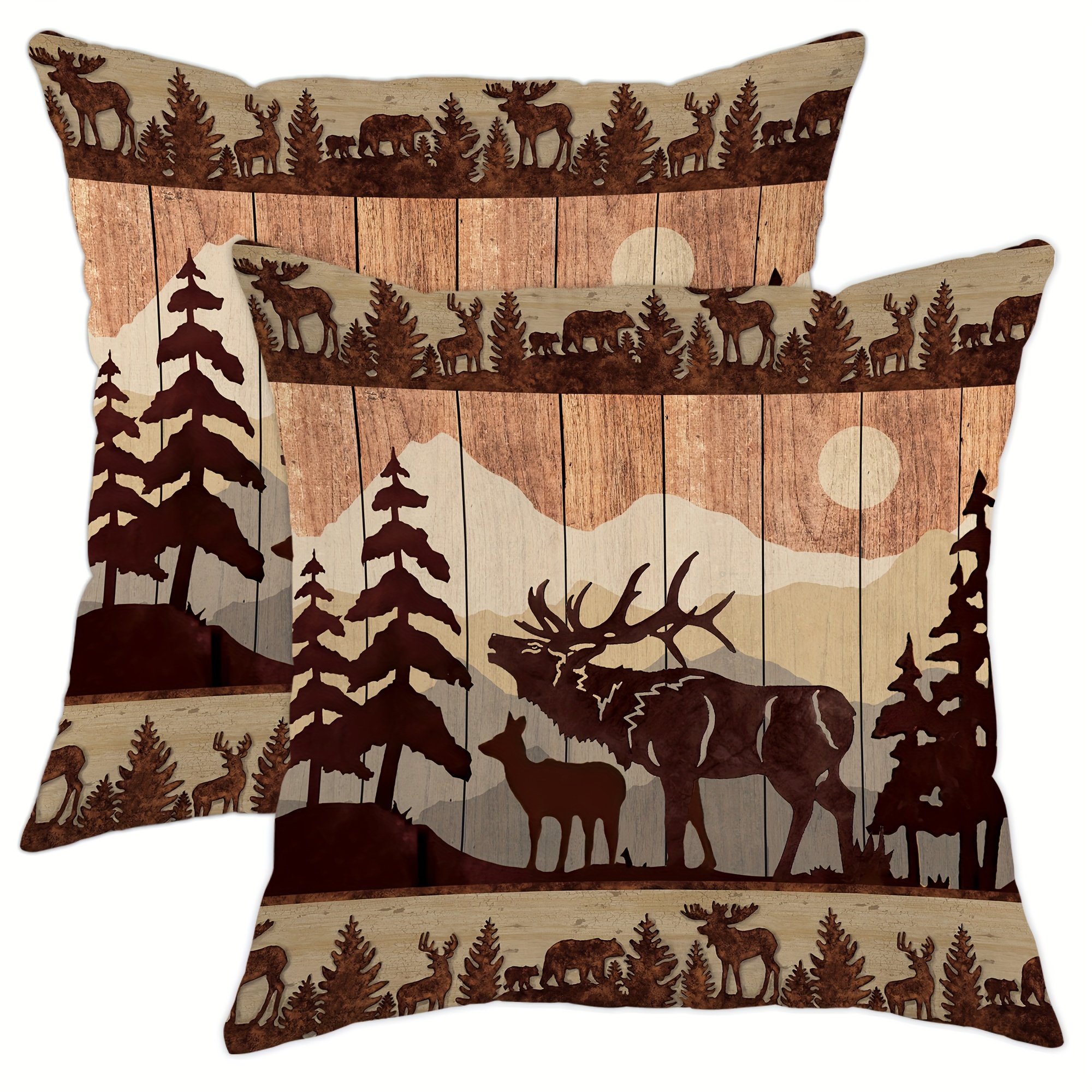 

2pcs, Velvet Throw Pillow Covers, Farmhouse Vintage Deer Forest Plank Brown Throw Pillow Covers 18*18inch, For Living Room Bedroom Sofa Bed Decoration